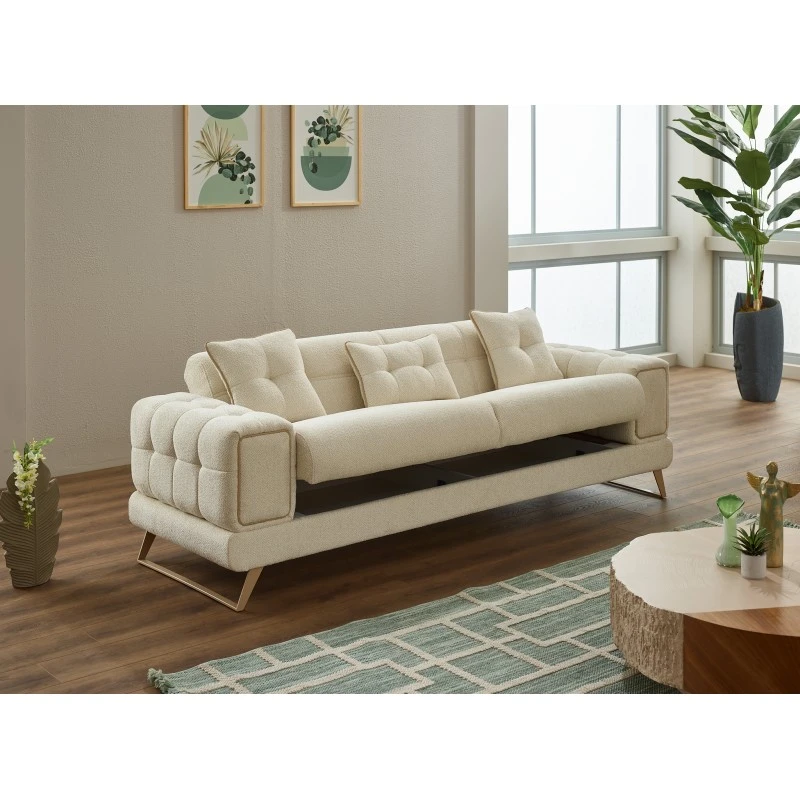 Триместен разтегателен диван Роза, Бежов, Кадифе, 245х85х85см